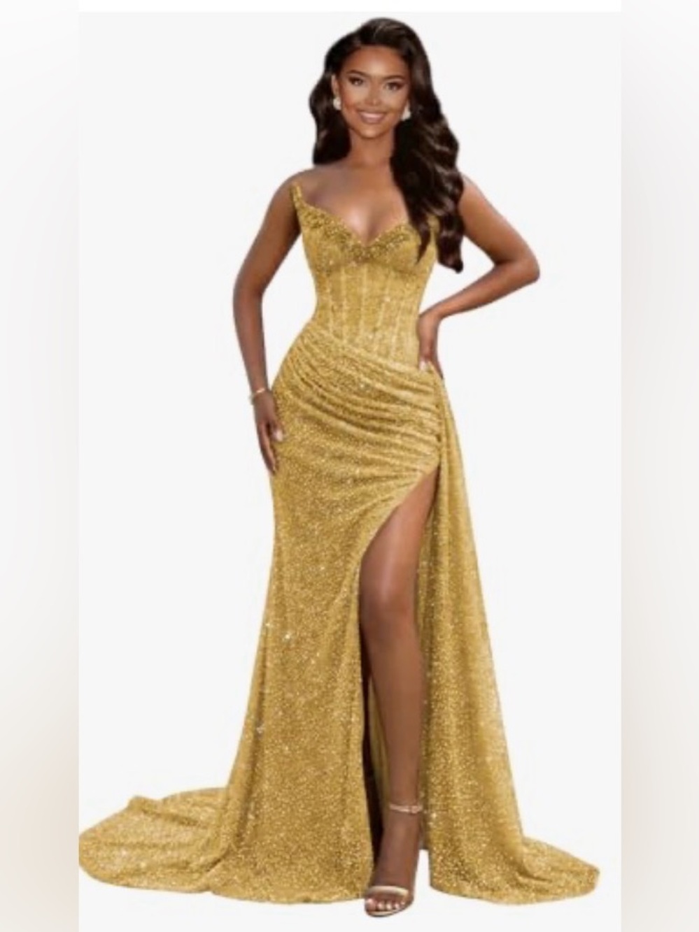 Gold Sequin Corset Prom Dress with High Side Slit